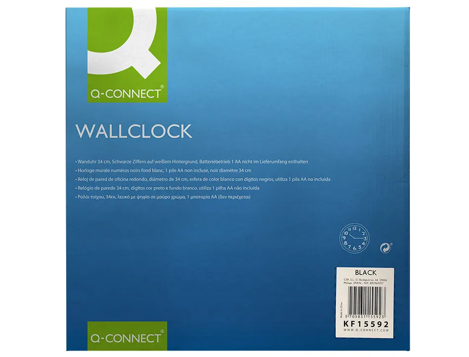 Horloge q-connect murale plastique design actuel numéros noirs fond blanc 1 pile aa non fournie diamètre 34cm noir