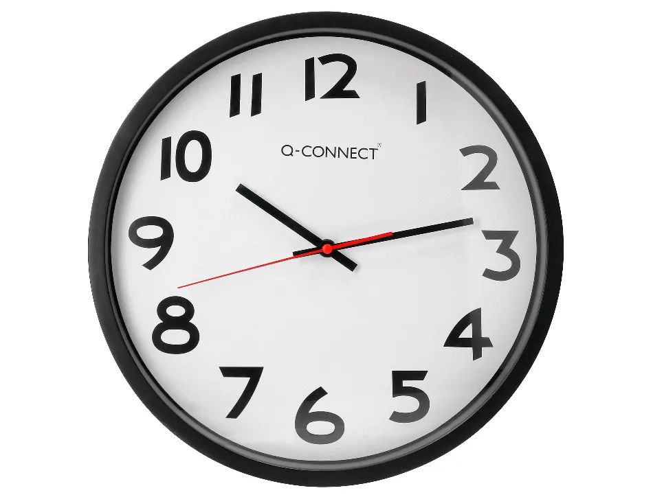 Horloge q-connect murale plastique design actuel numéros noirs fond blanc 1 pile aa non fournie diamètre 34cm noir