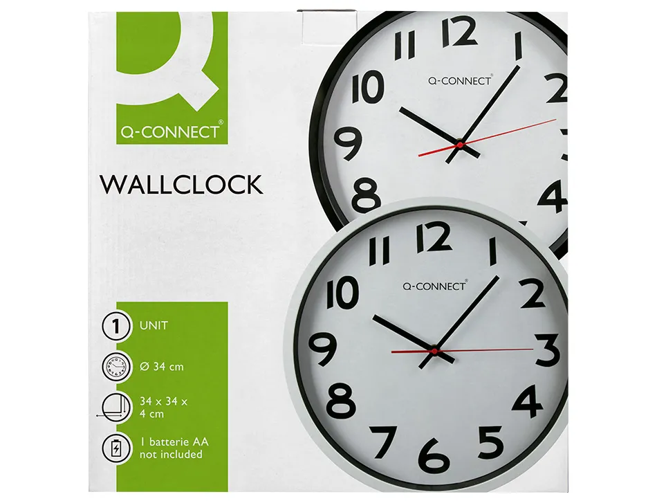 Horloge q-connect murale plastique design actuel numéros noirs fond blanc 1 pile aa non fournie diamètre 34cm noir