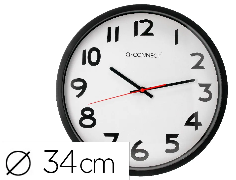 Horloge q-connect murale plastique design actuel numéros noirs fond blanc 1 pile aa non fournie diamètre 34cm noir