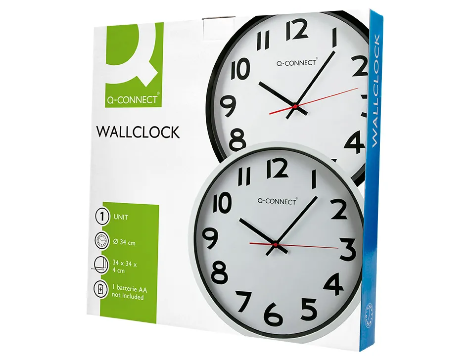 Horloge q-connect murale plastique design actuel numéros noirs fond blanc 1 pile aa non fournie diamètre 34cm noir