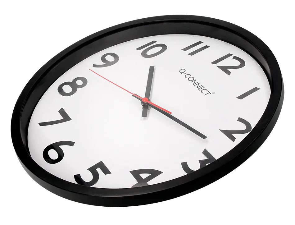 Horloge q-connect murale plastique design actuel numéros noirs fond blanc 1 pile aa non fournie diamètre 34cm noir