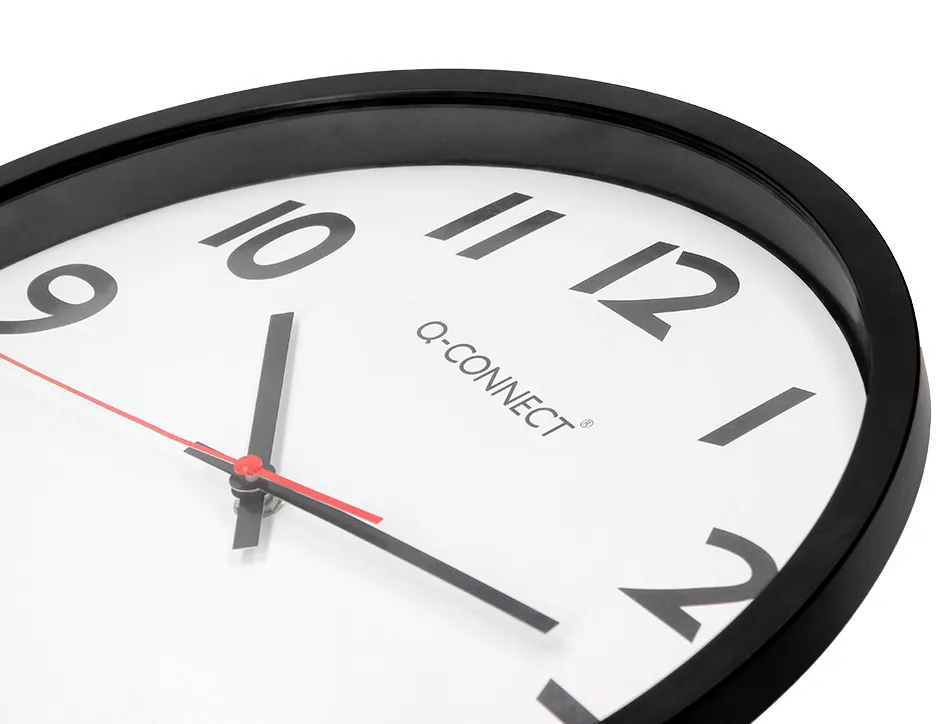 Horloge q-connect murale plastique design actuel numéros noirs fond blanc 1 pile aa non fournie diamètre 34cm noir