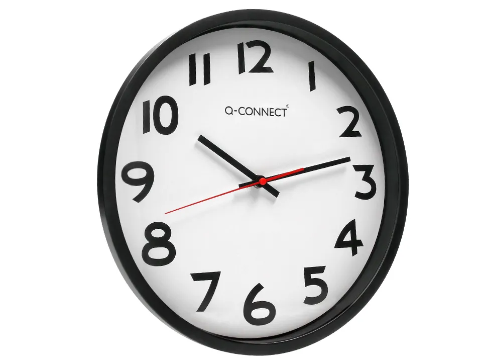 Horloge q-connect murale plastique design actuel numéros noirs fond blanc 1 pile aa non fournie diamètre 34cm noir