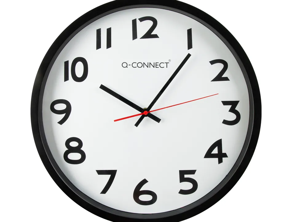 Horloge q-connect murale plastique design actuel numéros noirs fond blanc 1 pile aa non fournie diamètre 34cm noir