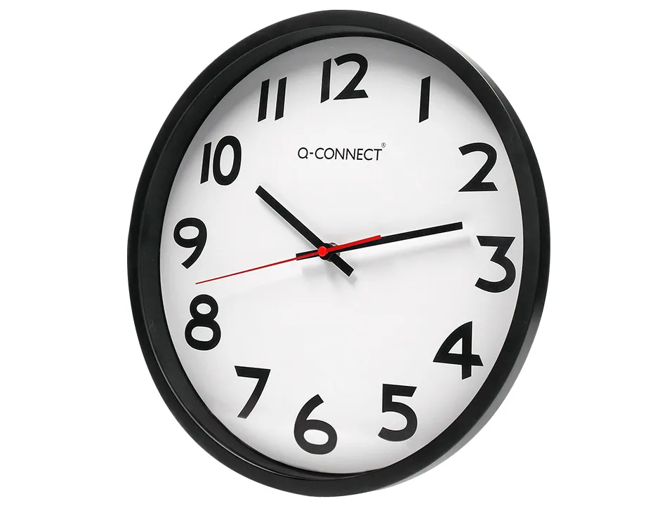 Horloge q-connect murale plastique design actuel numéros noirs fond blanc 1 pile aa non fournie diamètre 34cm noir