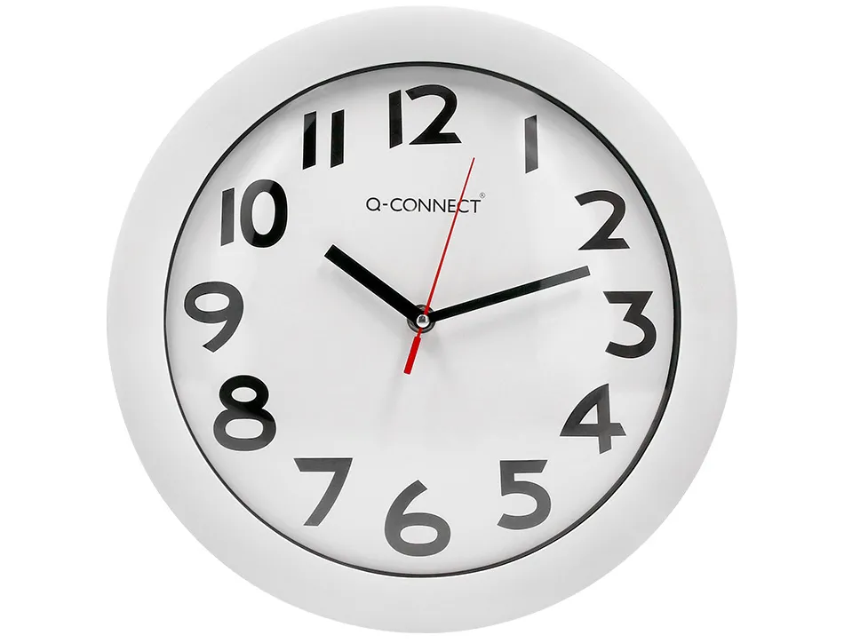Horloge q-connect murale plastique design actuel numéros noirs fond blanc 1 pile aa non fournie diamètre 30cm blanc