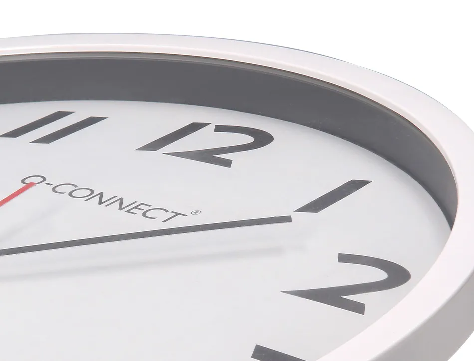 Horloge q-connect murale plastique design actuel numéros noirs fond blanc 1 pile aa non fournie diamètre 34cm chromé