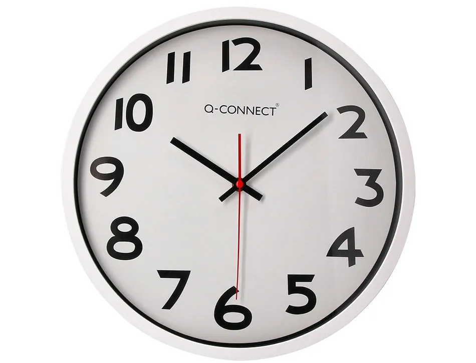 Horloge q-connect murale plastique design actuel numéros noirs fond blanc 1 pile aa non fournie diamètre 34cm chromé