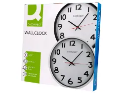 Horloge q-connect murale plastique design actuel numéros noirs fond blanc 1 pile aa non fournie diamètre 34cm chromé