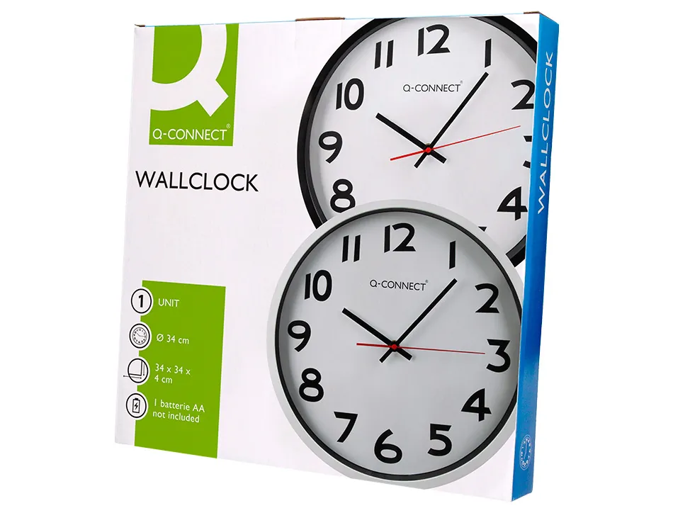 Horloge q-connect murale plastique design actuel numéros noirs fond blanc 1 pile aa non fournie diamètre 34cm chromé
