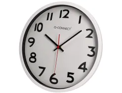 Horloge q-connect murale plastique design actuel numéros noirs fond blanc 1 pile aa non fournie diamètre 34cm chromé