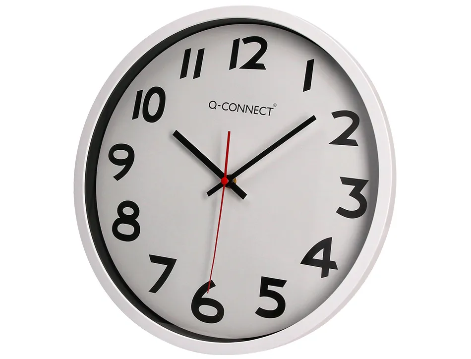Horloge q-connect murale plastique design actuel numéros noirs fond blanc 1 pile aa non fournie diamètre 34cm chromé