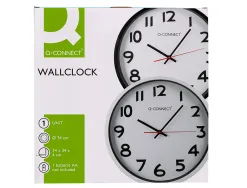 Horloge q-connect murale plastique design actuel numéros noirs fond blanc 1 pile aa non fournie diamètre 34cm chromé