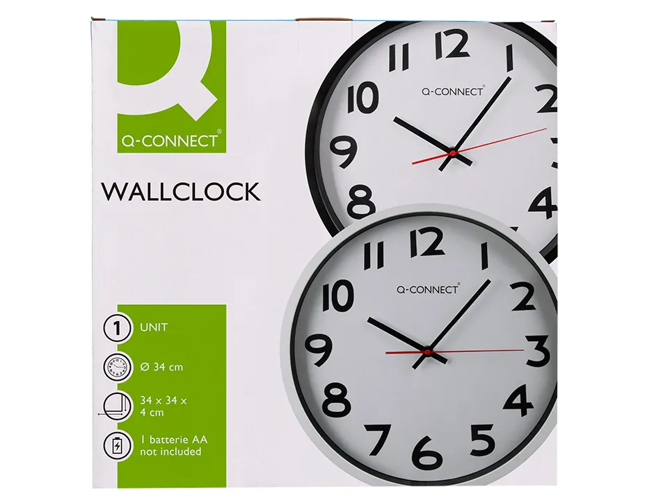 Horloge q-connect murale plastique design actuel numéros noirs fond blanc 1 pile aa non fournie diamètre 34cm chromé