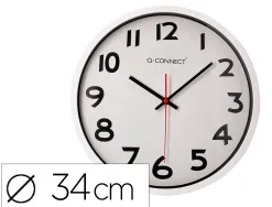 Horloge q-connect murale plastique design actuel numéros noirs fond blanc 1 pile aa non fournie diamètre 34cm chromé