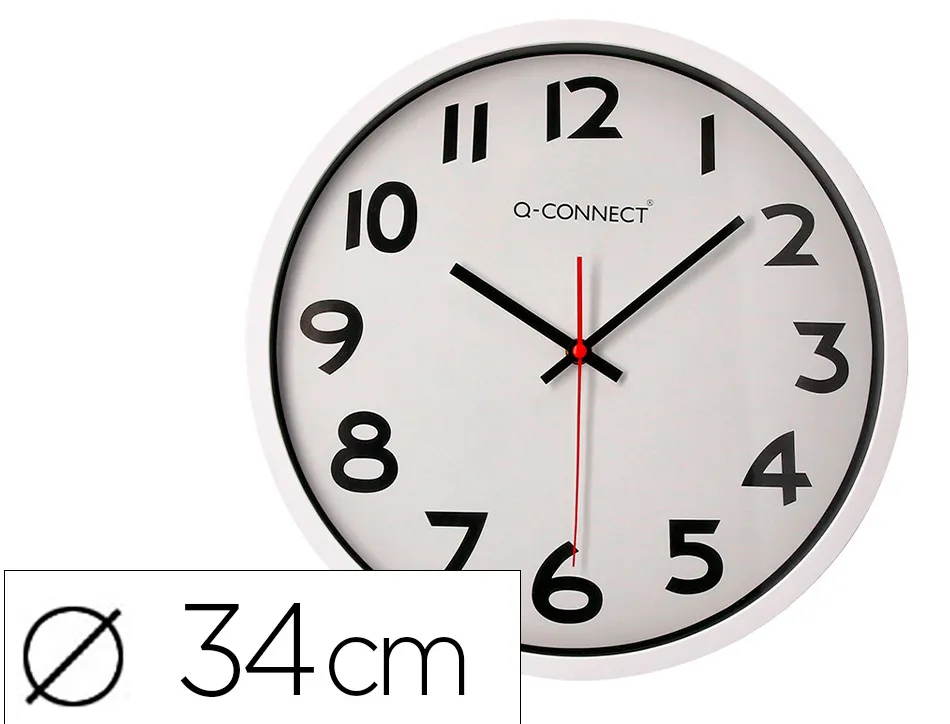 Horloge q-connect murale plastique design actuel numéros noirs fond blanc 1 pile aa non fournie diamètre 34cm chromé