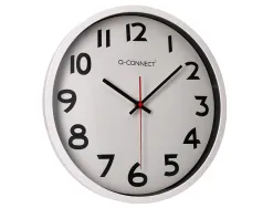 Horloge q-connect murale plastique design actuel numéros noirs fond blanc 1 pile aa non fournie diamètre 34cm chromé