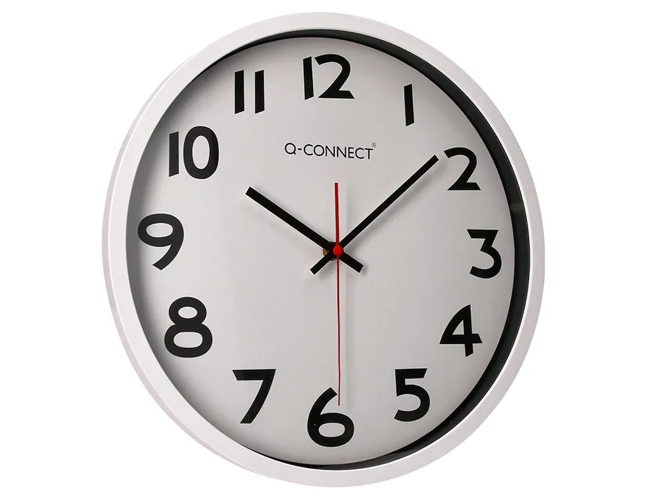 Horloge q-connect murale plastique design actuel numéros noirs fond blanc 1 pile aa non fournie diamètre 34cm chromé