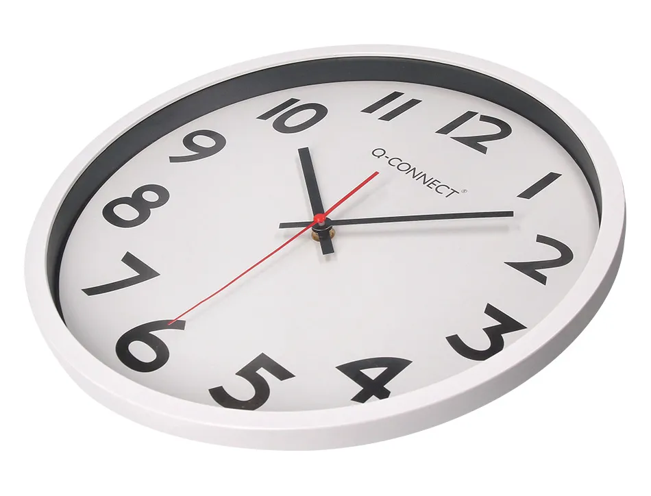 Horloge q-connect murale plastique design actuel numéros noirs fond blanc 1 pile aa non fournie diamètre 34cm chromé