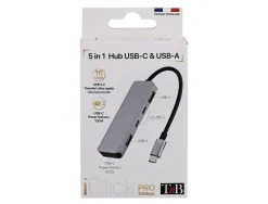 Hub t'nb iclick 5 en 1 2 usb-c 2 usb-a 1 usb-c power delivery 100w coloris aluminium