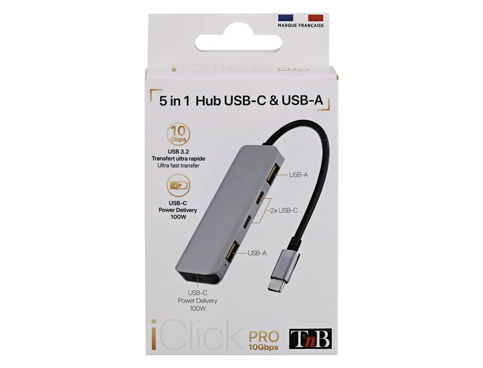 Hub t'nb iclick 5 en 1 2 usb-c 2 usb-a 1 usb-c power delivery 100w coloris aluminium