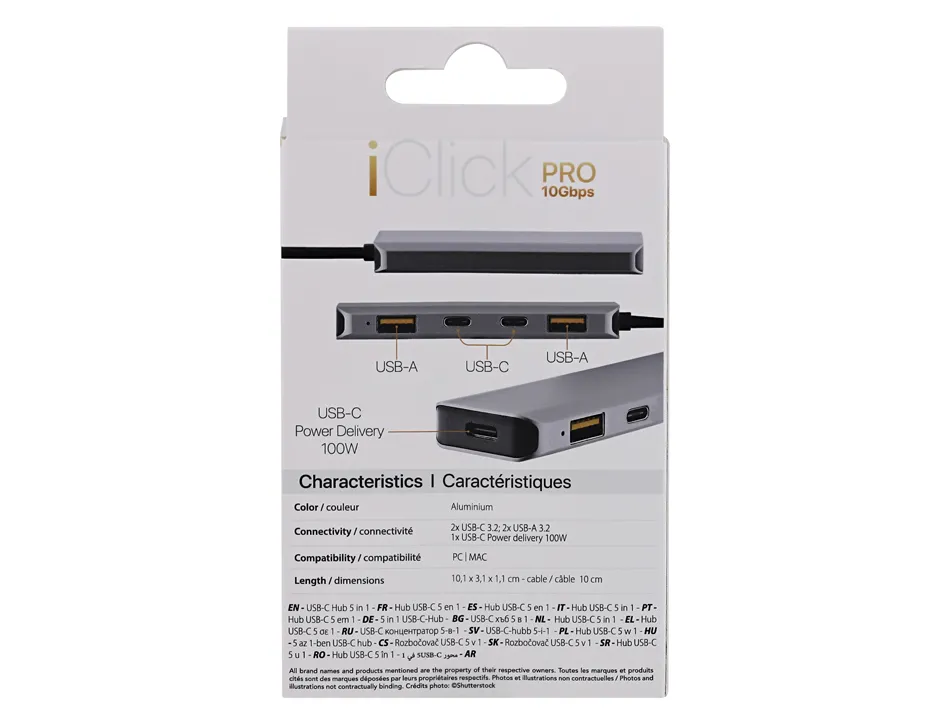 Hub t'nb iclick 5 en 1 2 usb-c 2 usb-a 1 usb-c power delivery 100w coloris aluminium