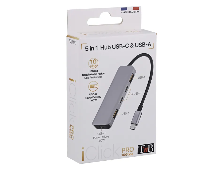 Hub t'nb iclick 5 en 1 2 usb-c 2 usb-a 1 usb-c power delivery 100w coloris aluminium
