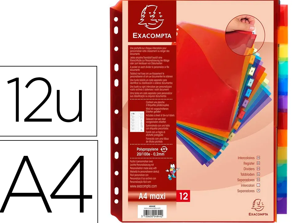 Intercalaire exacompta polypropylène 20/100e 12 touches a4+ personnalisable avec pochettes étiquettes coloris assortis