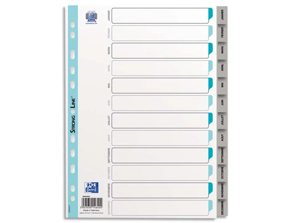 Intercalaire oxford polypropylène souple gris 12 positions a4 210x297mm désignation mensuel onglets bicolores