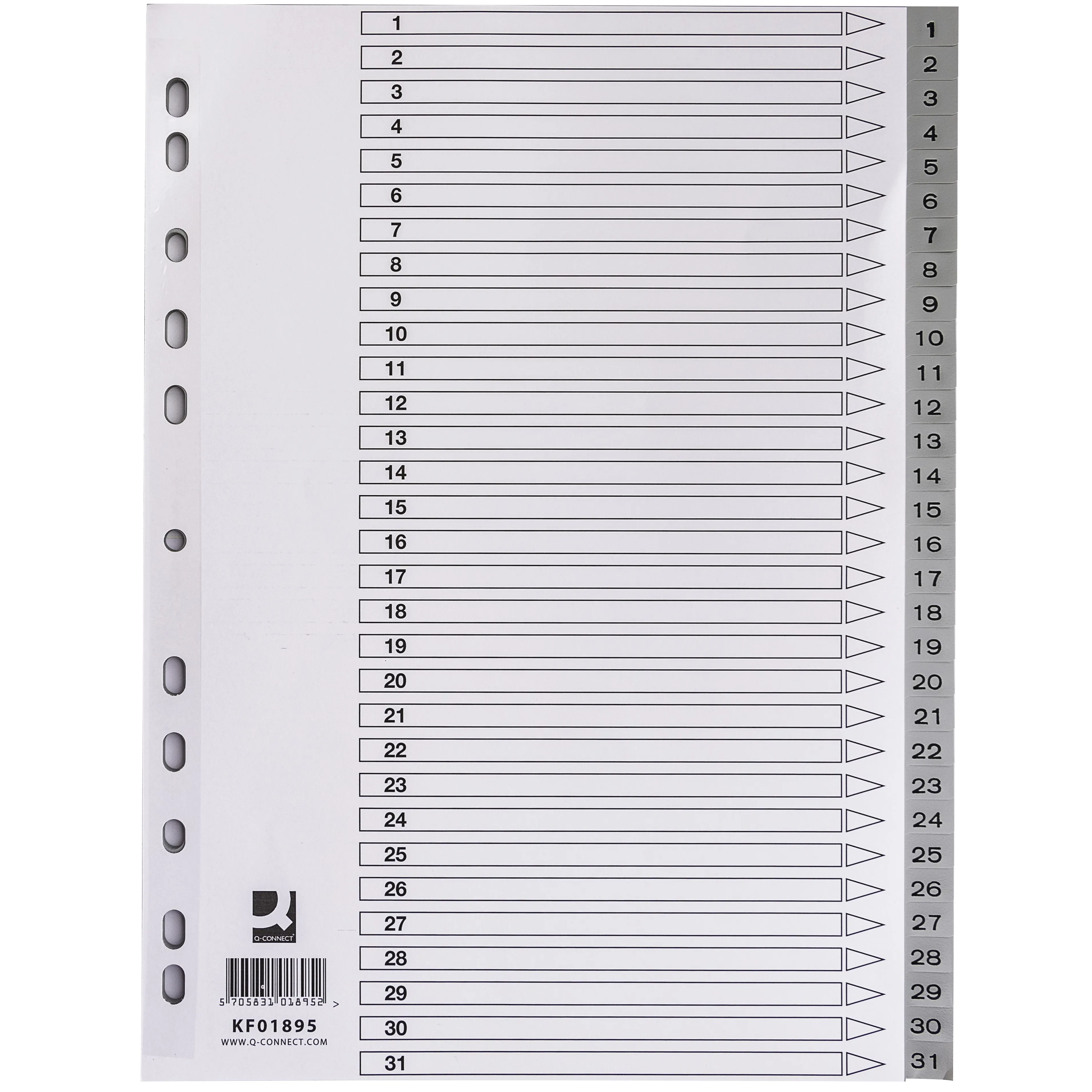 Intercalaire q-connect numerique 1-31 plastique 31 positions a4 indice multiperfore