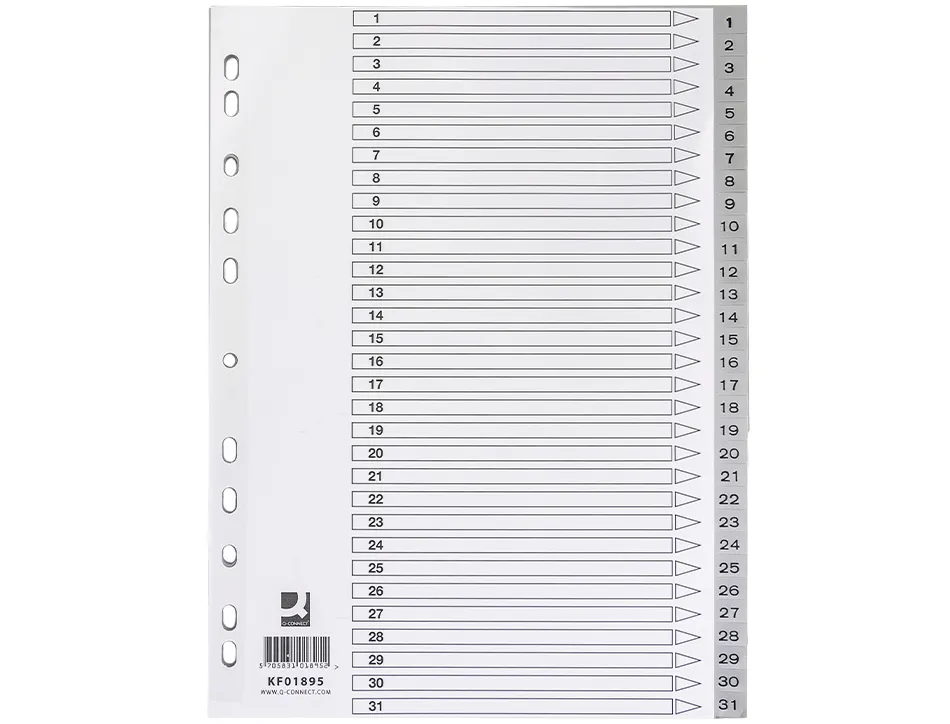 Intercalaire q-connect numerique 1-31 plastique 31 positions a4 indice multiperfore