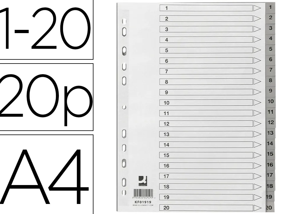 Intercalaire q-connect numerique 1-20 plastique 20 positions a4 indice multiperfore