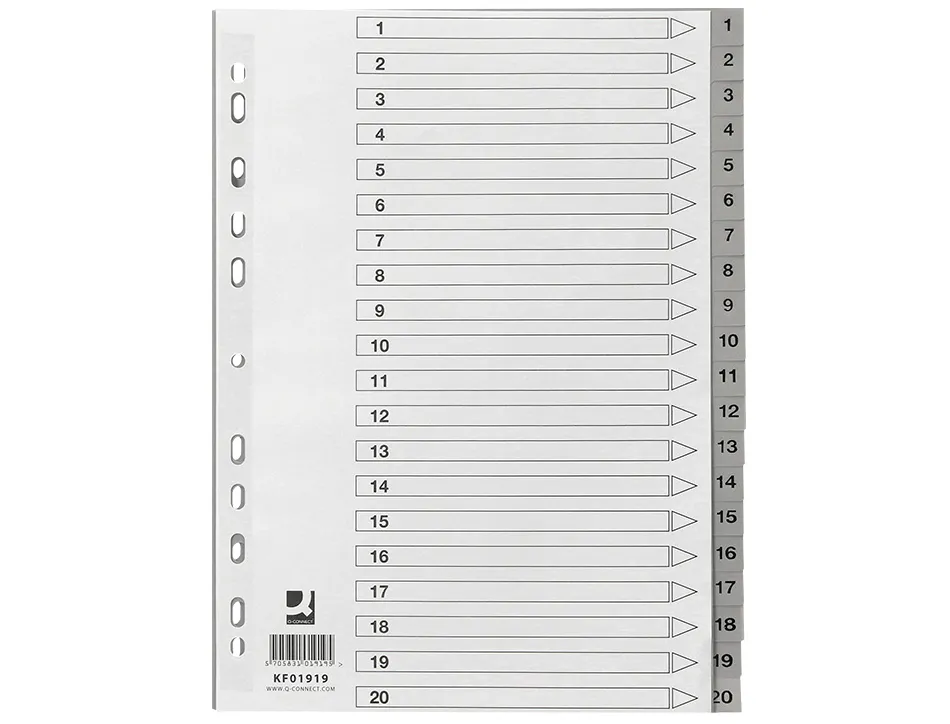 Intercalaire q-connect numerique 1-20 plastique 20 positions a4 indice multiperfore