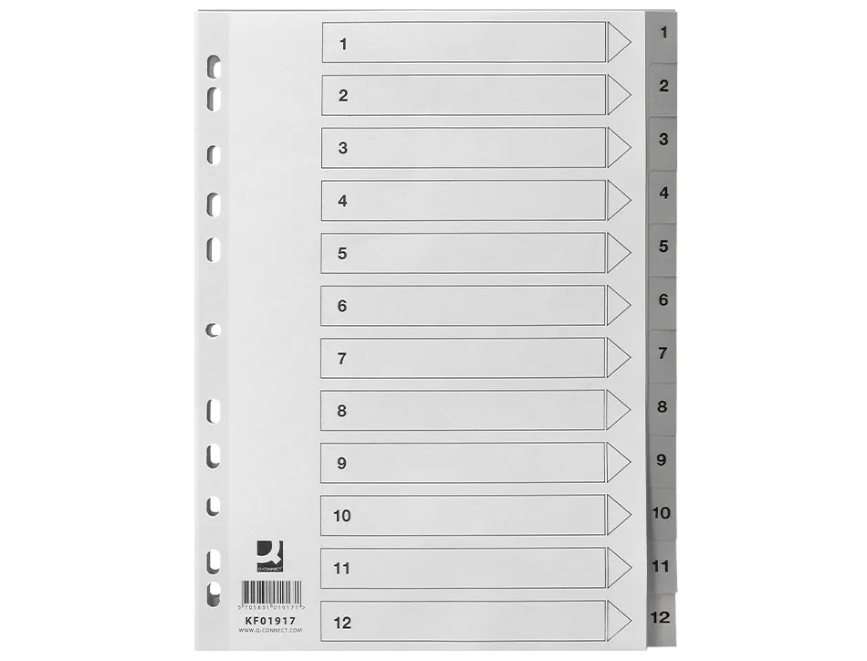 Intercalaire q-connect numerique 1-12 plastique 12 positions a4 indice multiperfore