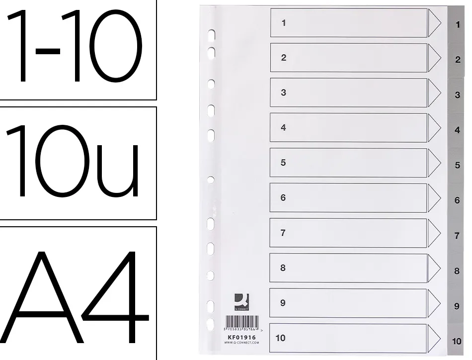 Intercalaire q-connect numerique 1-10 plastique 10 positions a4 indice multiperfore