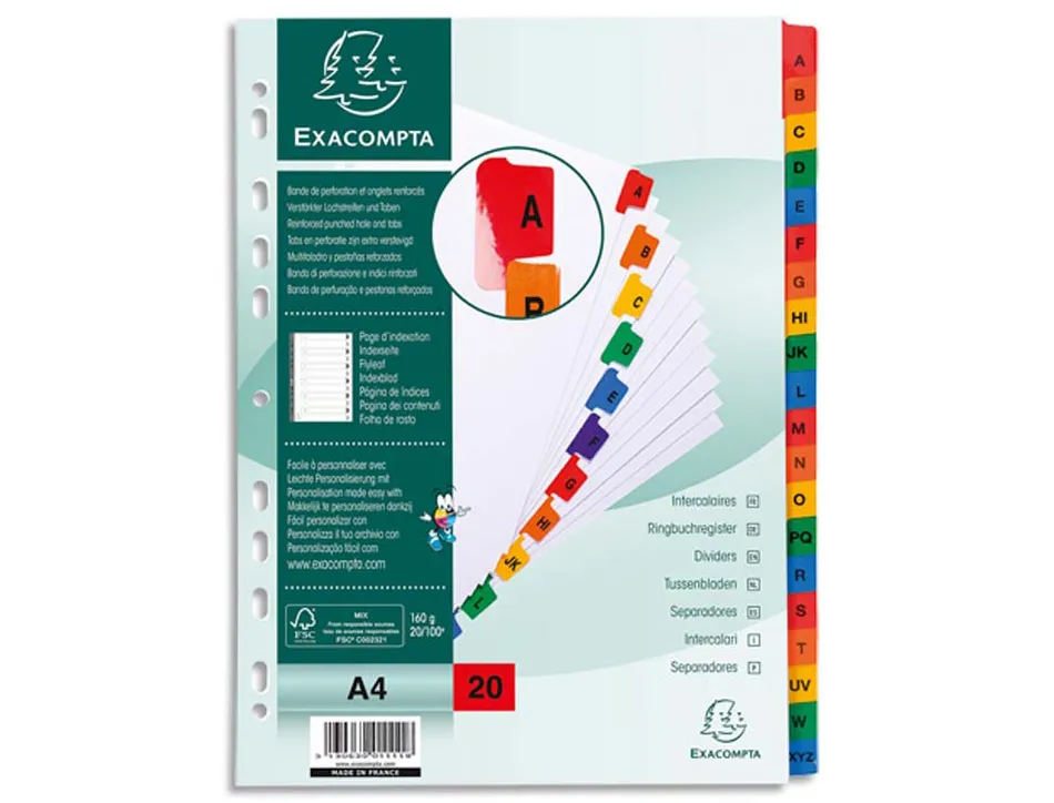Intercalaires alphabétiques exacompta 20 positions carte 170 g format a4 onglet mylar