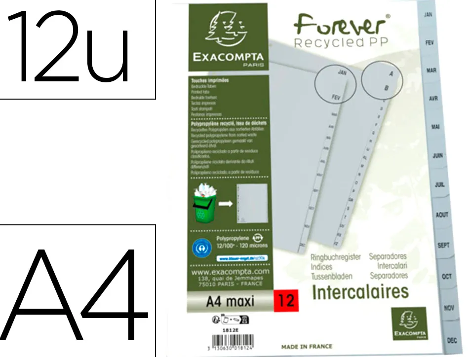 Intercalaires imprimes mensuels exacompta polypropylene a4 12positiones / mois gris