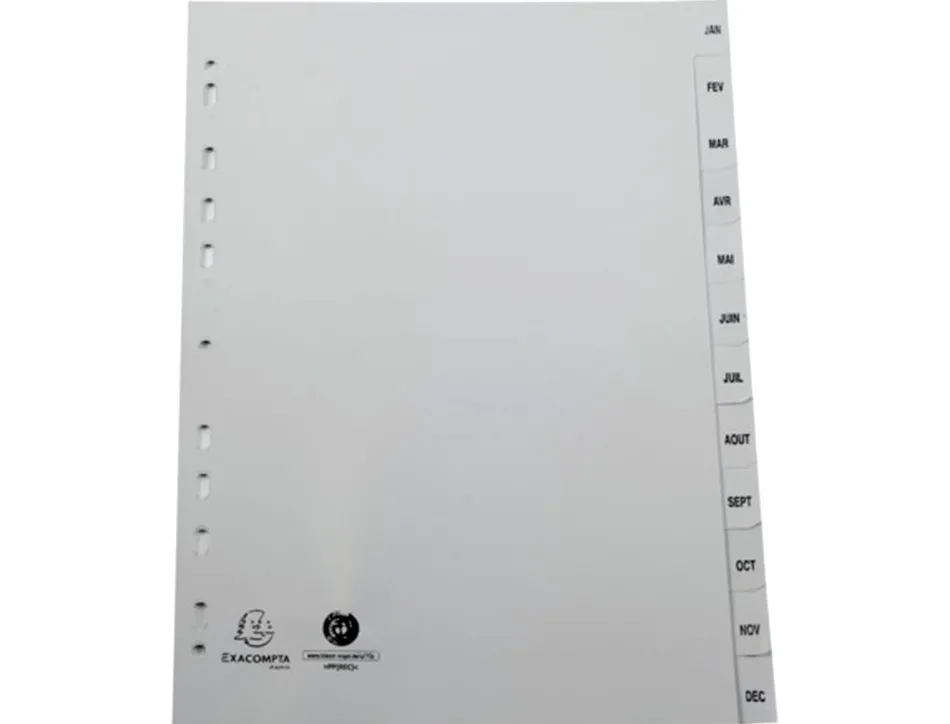 Intercalaires imprimes mensuels exacompta polypropylene a4 12positiones / mois gris