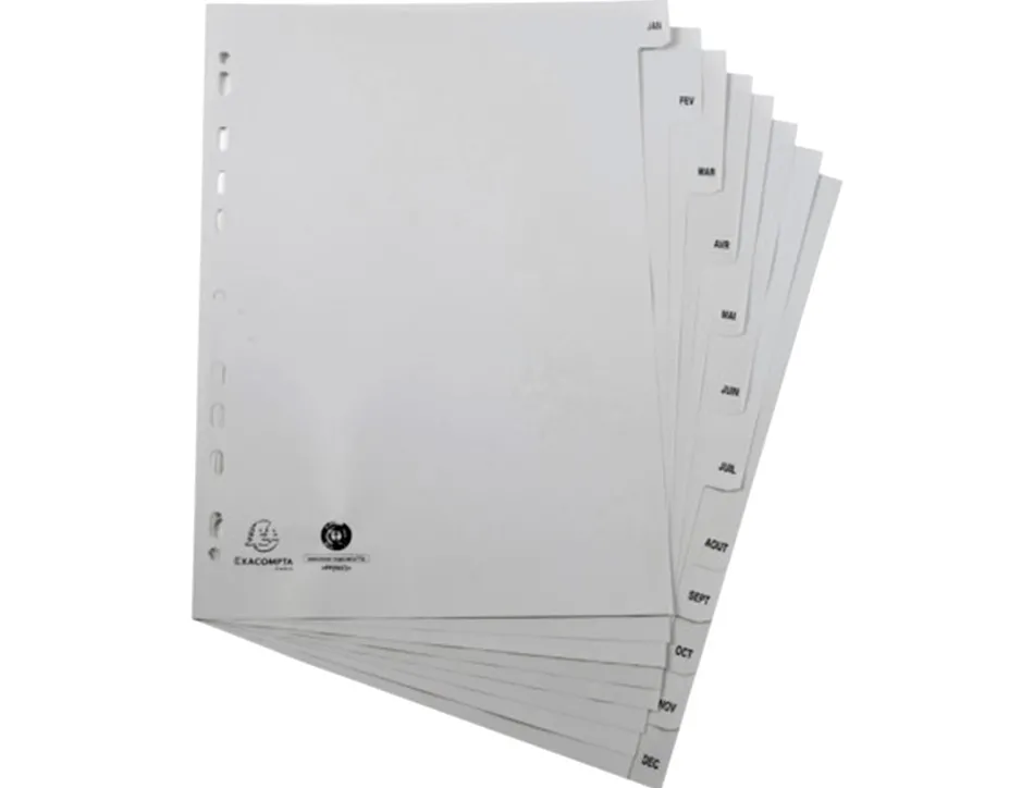 Intercalaires imprimes mensuels exacompta polypropylene a4 12positiones / mois gris