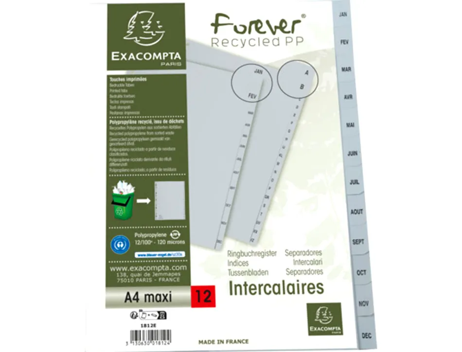 Intercalaires imprimes mensuels exacompta polypropylene a4 12positiones / mois gris