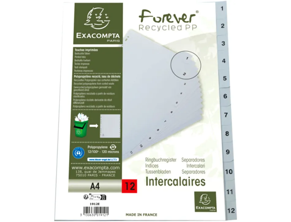 Intercalaires imprimes numeriques exacompta polypropylene a4 12positiones /numerique gris