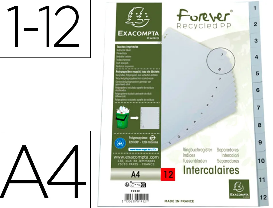 Intercalaires imprimes numeriques exacompta polypropylene a4 12positiones /numerique gris