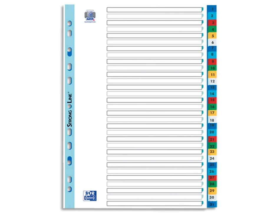 Intercalaires numeriques oxford polypropylene 31 positions format a4 coloris assortis