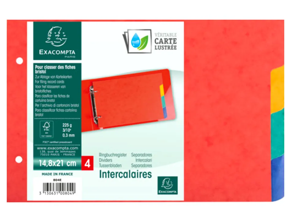 Intercalaires pour fiches bristol a5 148x210mm 4 positions