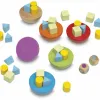 Jeu en bois equilibry contenant 6 demi-boules de 6 couleurs 45 pions de trois formes 1 dé à couleurs 1 dé à formes