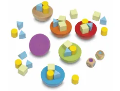 Jeu en bois equilibry contenant 6 demi-boules de 6 couleurs 45 pions de trois formes 1 dé à couleurs 1 dé à formes