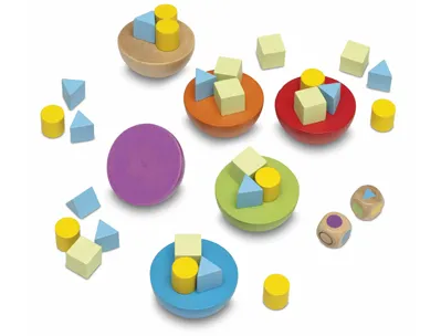 Jeu en bois equilibry contenant 6 demi-boules de 6 couleurs 45 pions de trois formes 1 dé à couleurs 1 dé à formes