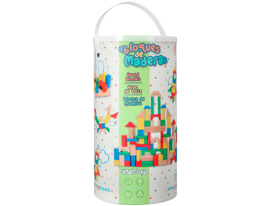 Jeu enfant imaginovo construction blocs bois +12 mois 100 pieces 29x29x3,5 cm