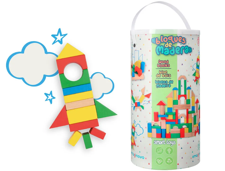 Jeu enfant imaginovo construction blocs bois +12 mois 100 pieces 29x29x3,5 cm